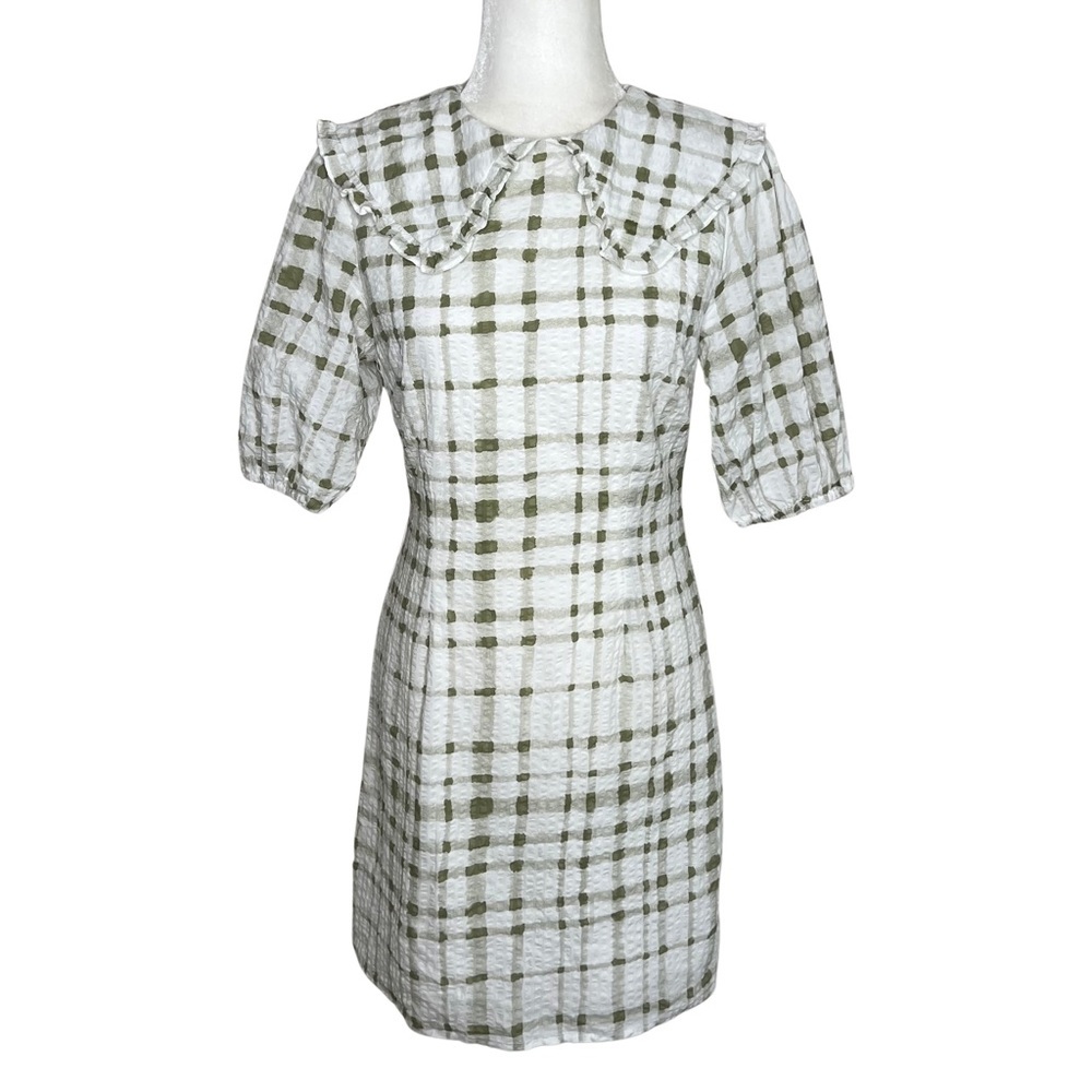 lena Mini Dress Ruffle Collar Short Puff Sleeve Preppy Plaid Green White Small S